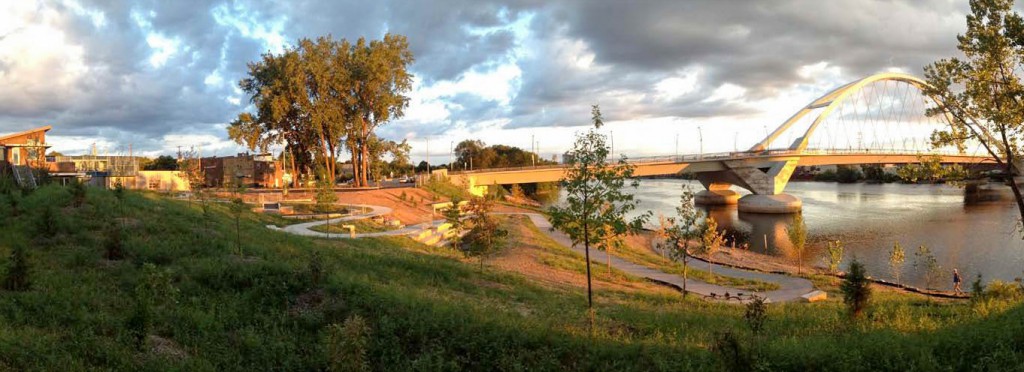 A panoramic image of the MWMO backyard stormwater park taken shortly after the restoration project was completed. Image by MWMO