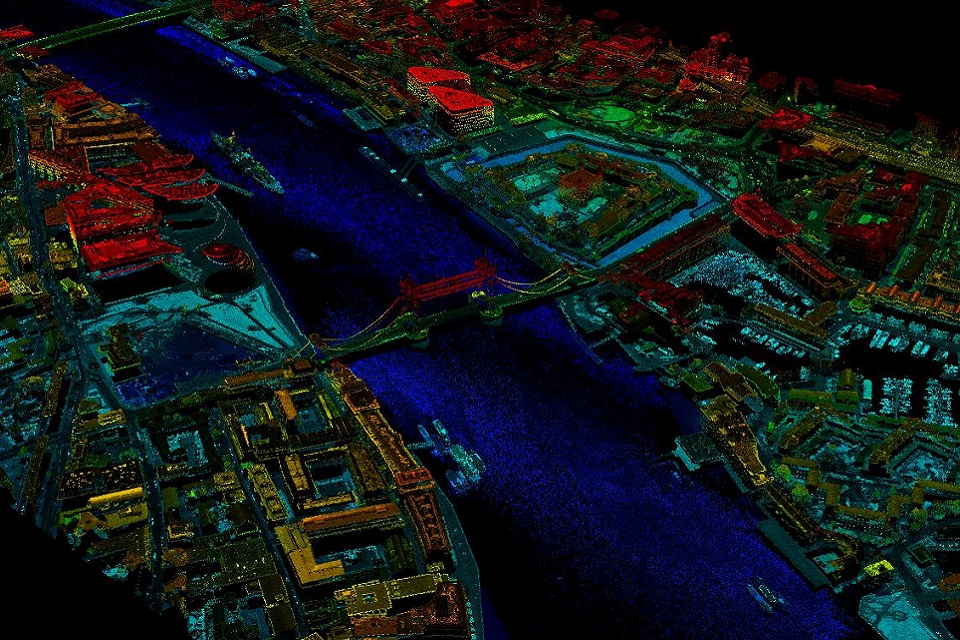 An aerial image of London's Tower Bridge captured using laser technology to map the landscape. Image from the UK Environment Agency