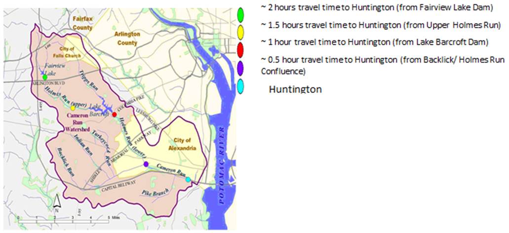 A map showing Cameron Run flood wave travel times