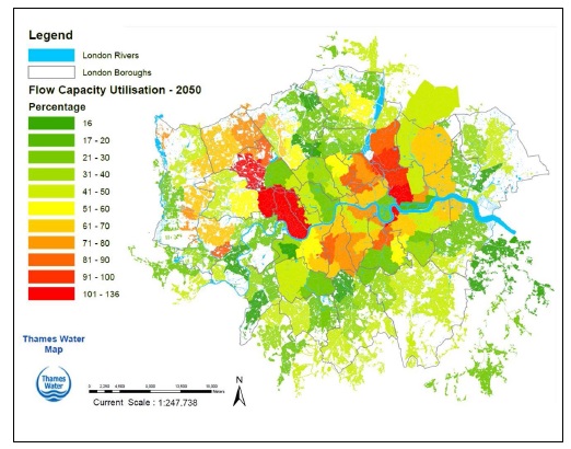 Modeled drainage and sewerage capacity to manage future population growth and climate change for the 2050s. Image by Thames Water